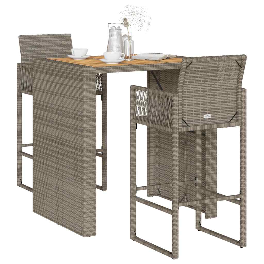 3 Piece Garden Bar Set without Cushions Grey Poly Rattan Acacia
