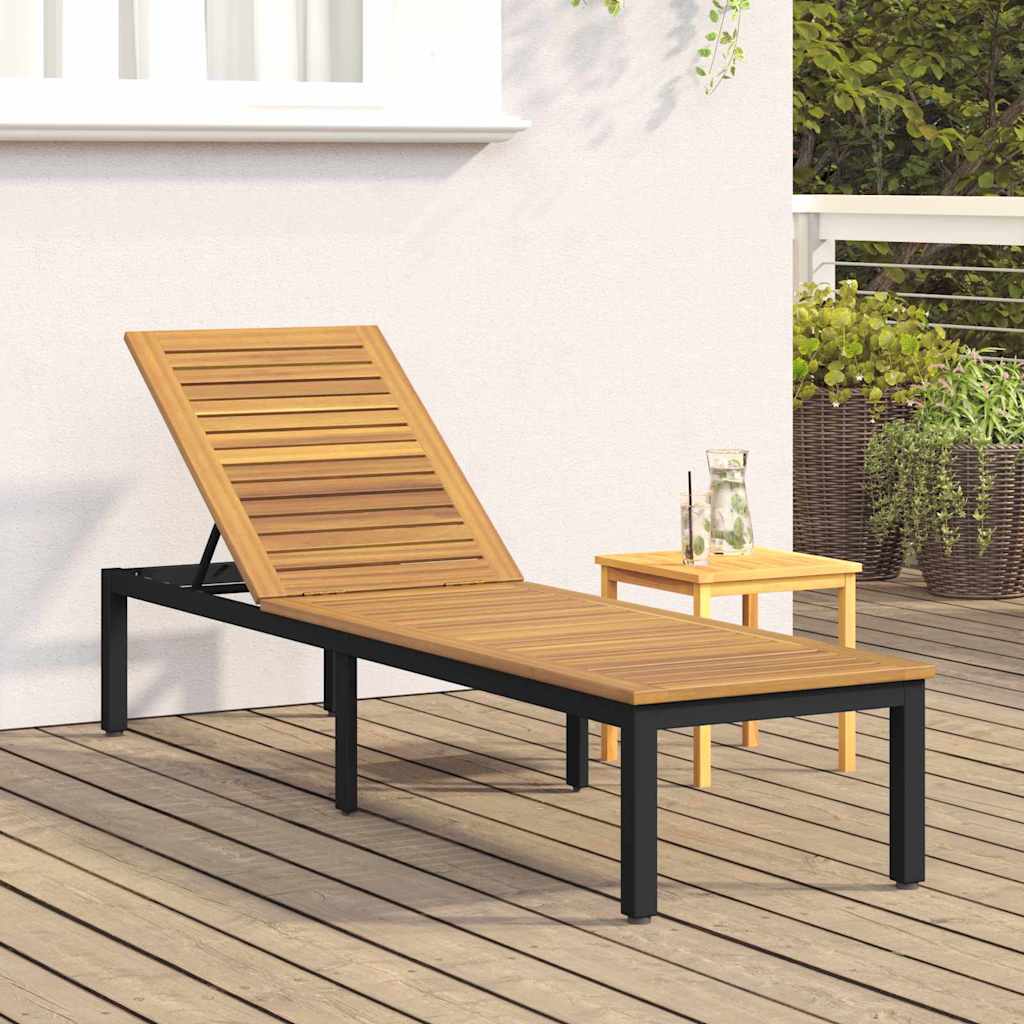 Sun lounger Reclining Black 200 x 55 x 35cm Solid Acacia wood