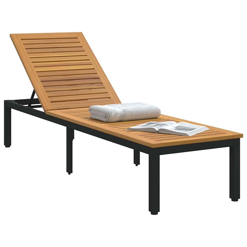 Sun lounger Reclining Black 200 x 55 x 35cm Solid Acacia wood