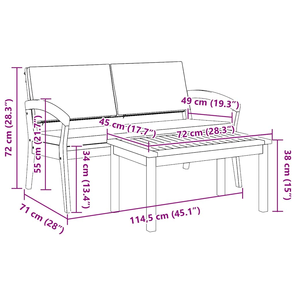 Bistro Set with Cushion 2 pcs Brown Solid Acacia wood