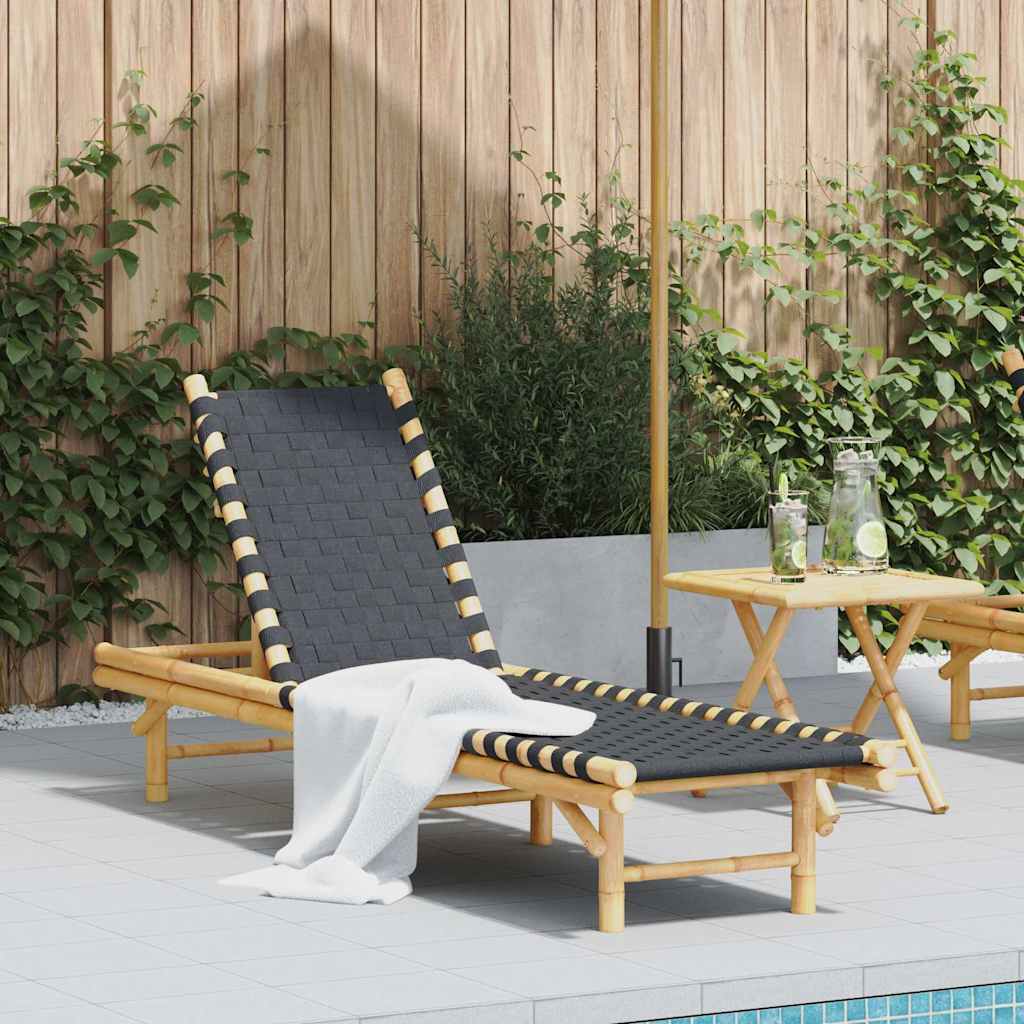 Sun Lounger with Black Woven Webbing 55x200x30 cm Bamboo