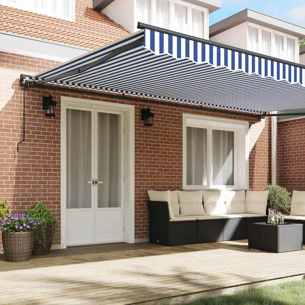 Retractable Awning Manual Blue and White 500x300 cm Fabric