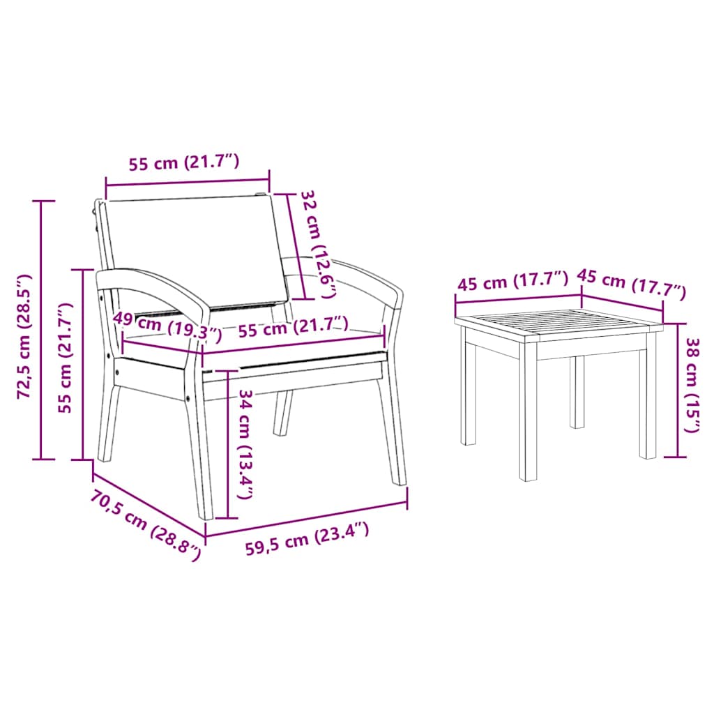 Bistro Set Brown 45 x 45 x 38cm Solid Acacia wood