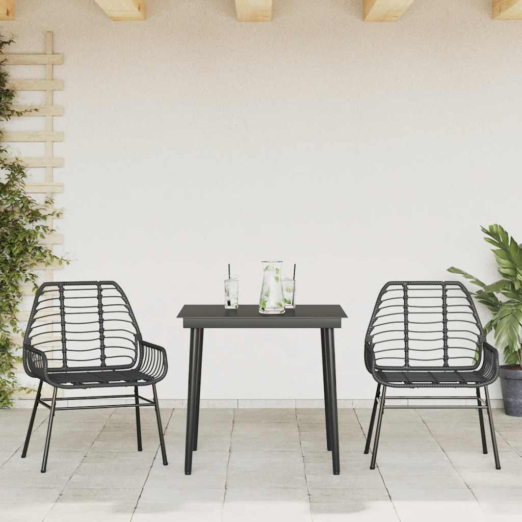 3 Piece Garden Dining Set Black Poly Rattan Glass