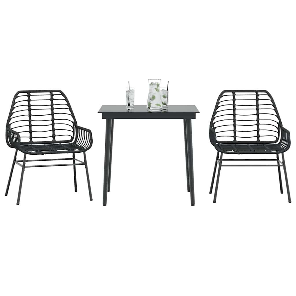 3 Piece Garden Dining Set Black Poly Rattan Glass