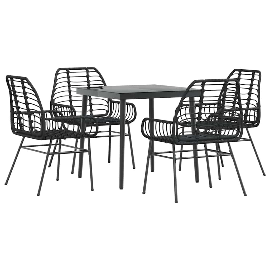 5 Piece Garden Dining Set Black Poly Rattan Glass