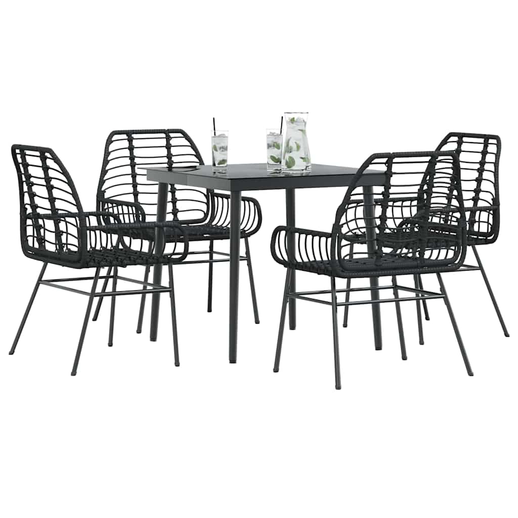 5 Piece Garden Dining Set Black Poly Rattan Glass