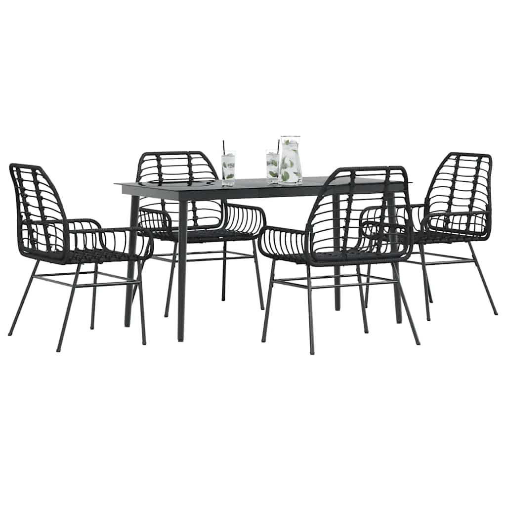 5 Piece Garden Dining Set Black Poly Rattan Glass