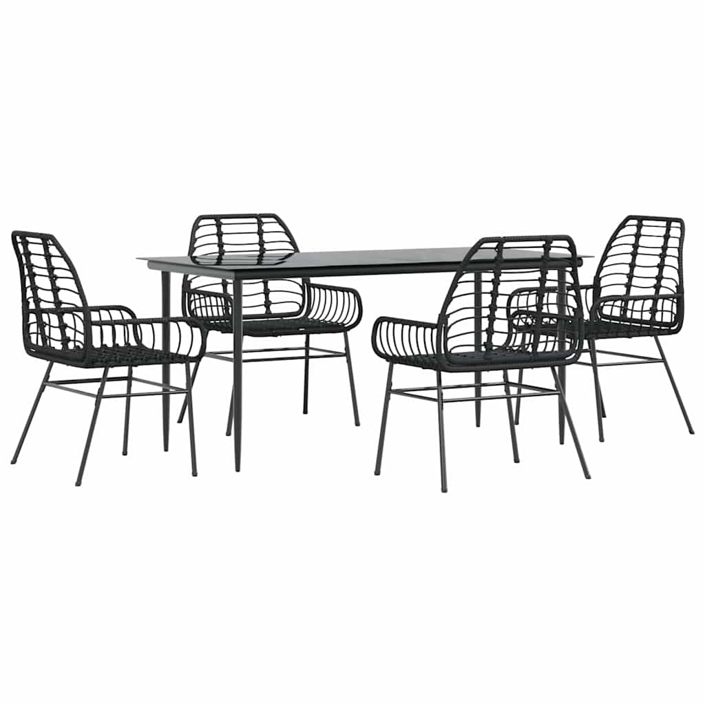 5 Piece Garden Dining Set Black Poly Rattan Glass