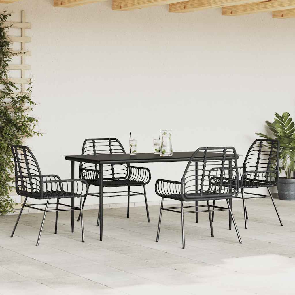 5 Piece Garden Dining Set Black Poly Rattan Glass