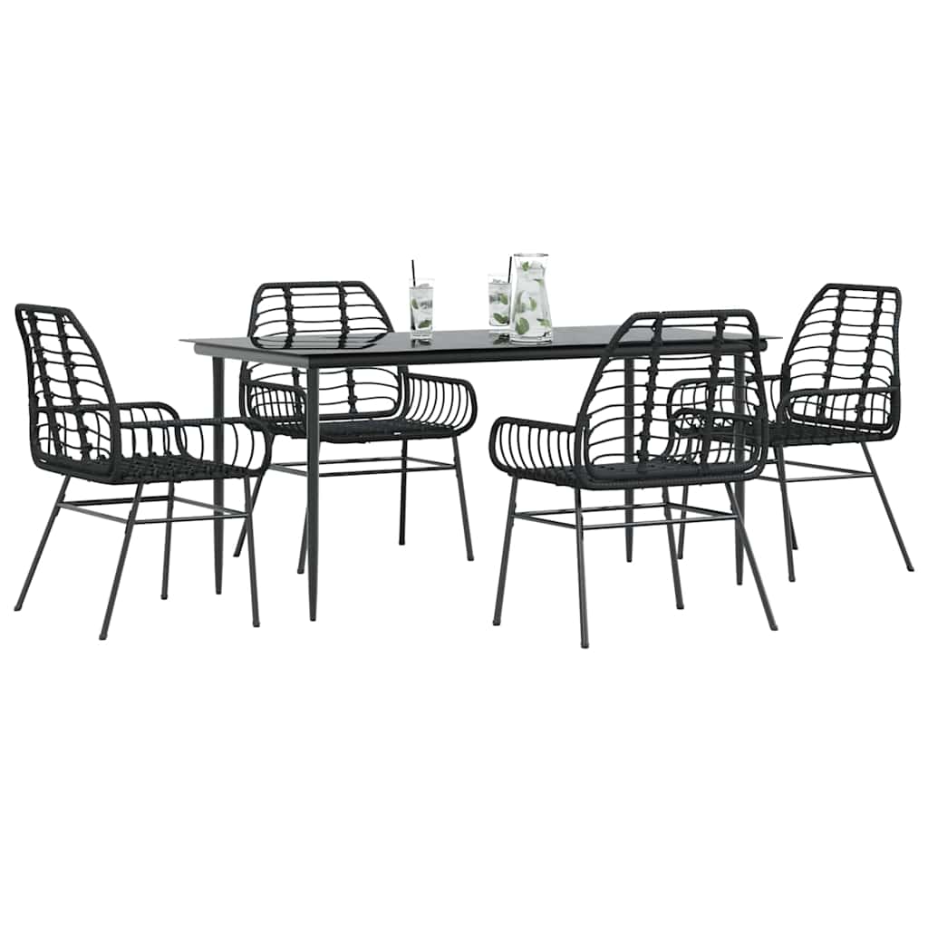 5 Piece Garden Dining Set Black Poly Rattan Glass