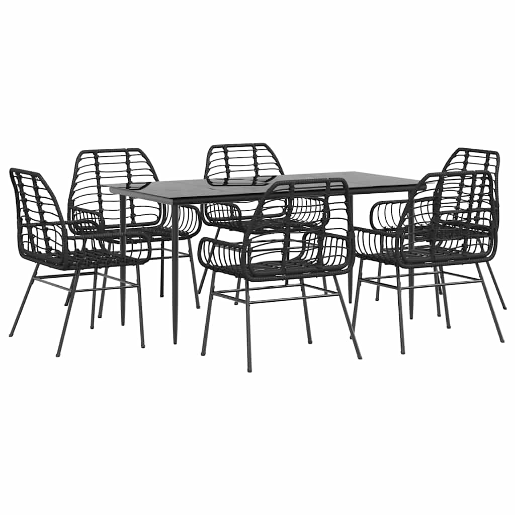 7 Piece Garden Dining Set Black Poly Rattan Glass