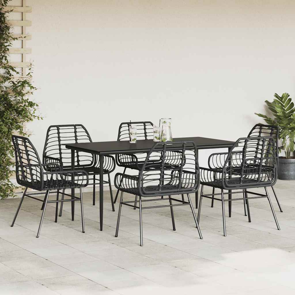 7 Piece Garden Dining Set Black Poly Rattan Glass