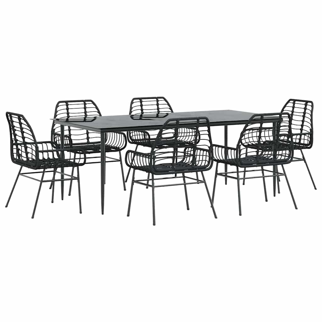 7 Piece Garden Dining Set Black Poly Rattan Glass