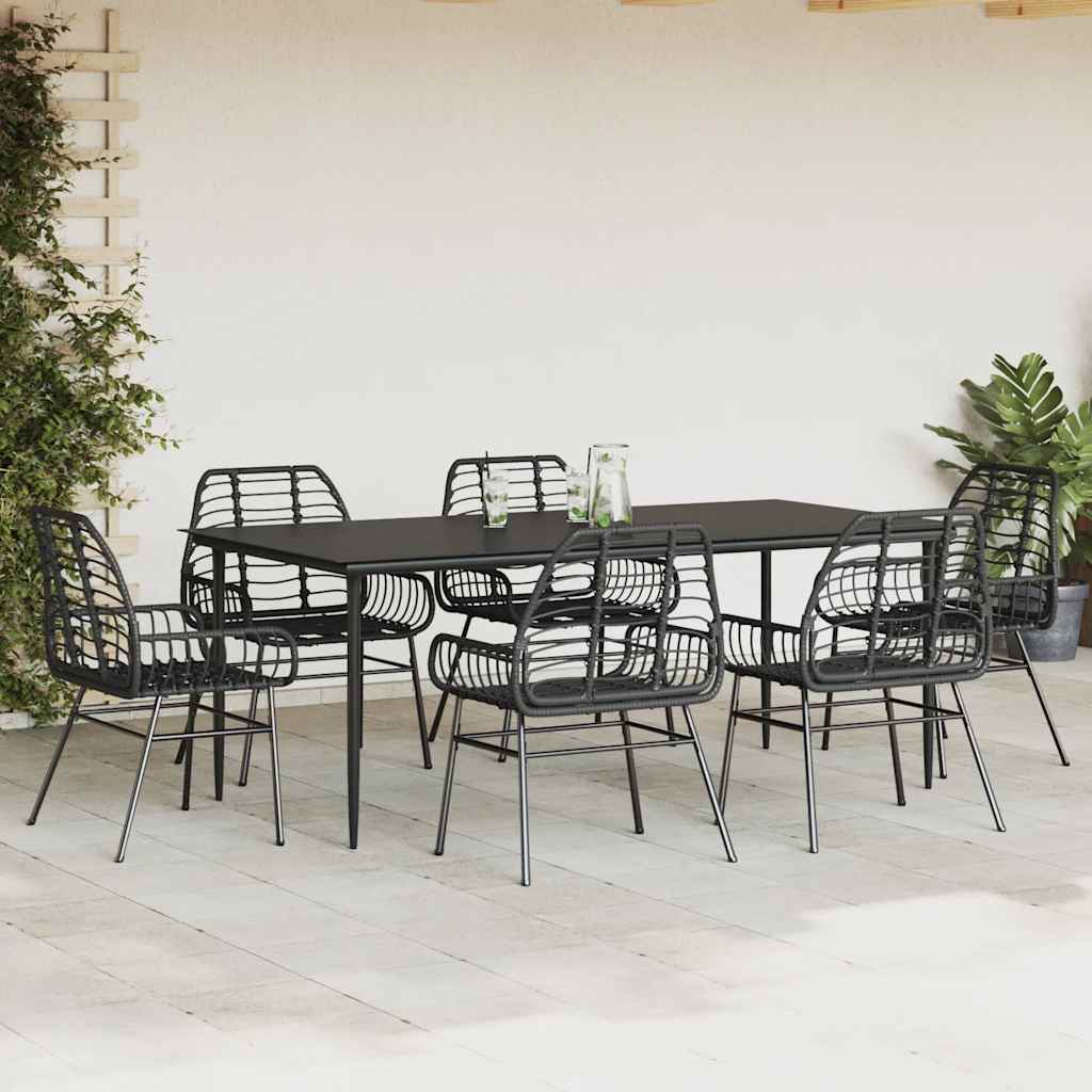 7 Piece Garden Dining Set Black Poly Rattan Glass