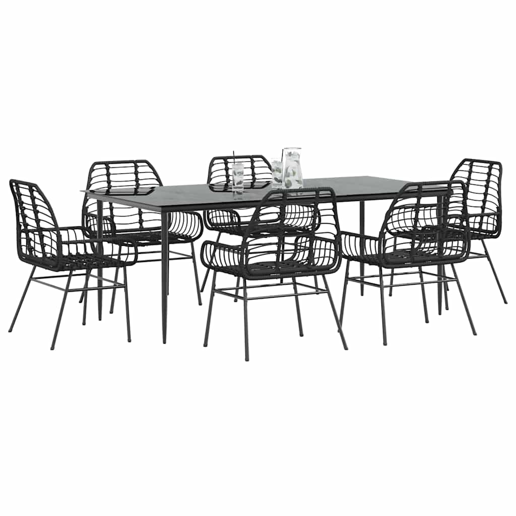 7 Piece Garden Dining Set Black Poly Rattan Glass