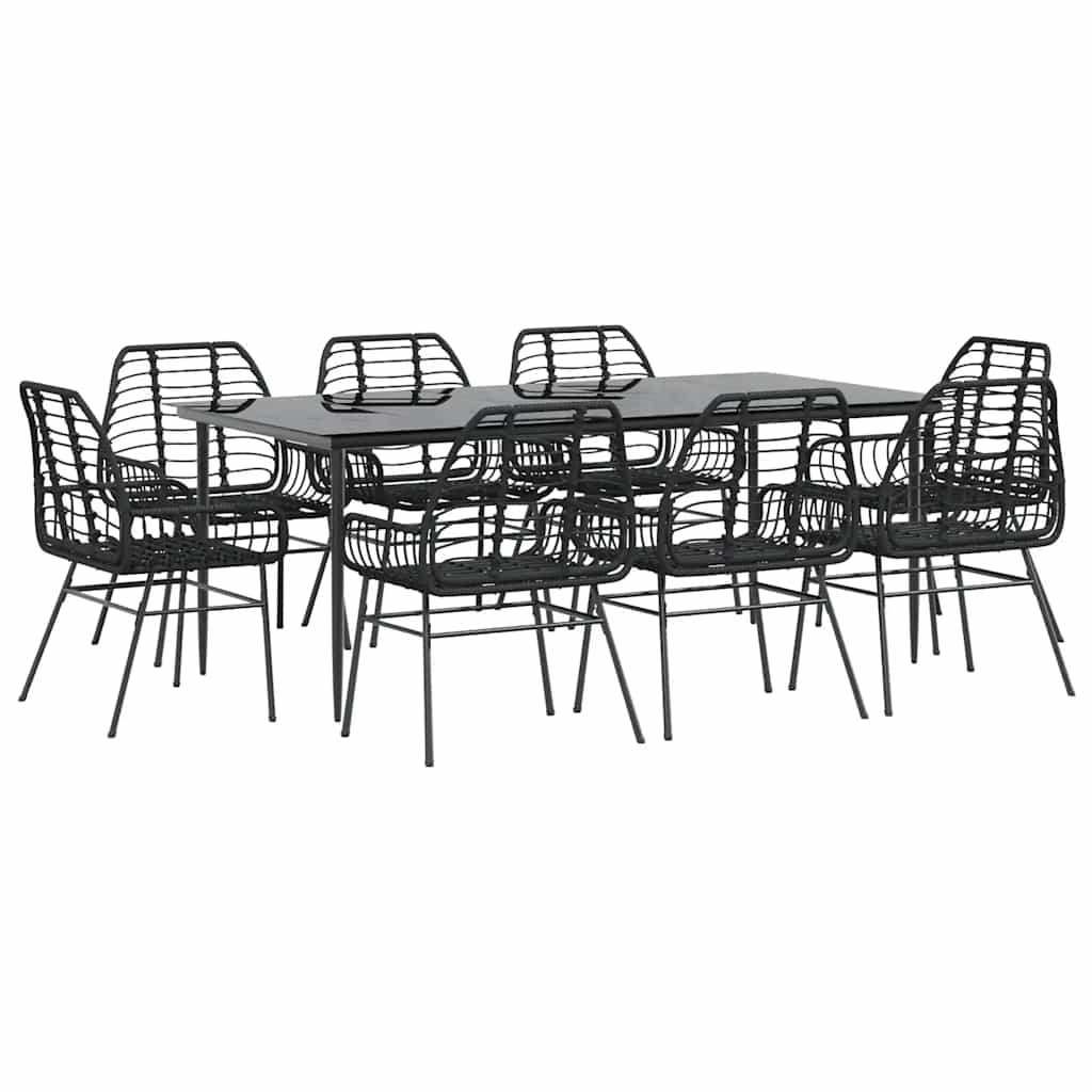 9 Piece Garden Dining Set Black Poly Rattan Glass