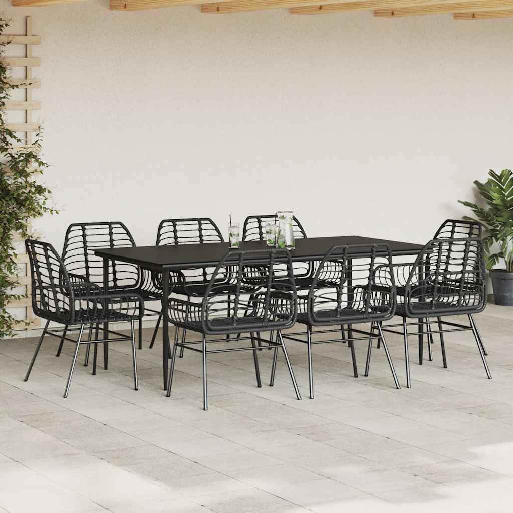 9 Piece Garden Dining Set Black Poly Rattan Glass