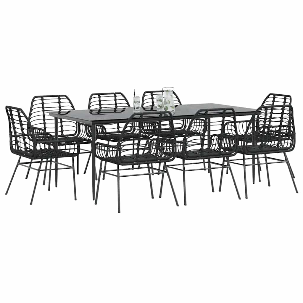9 Piece Garden Dining Set Black Poly Rattan Glass