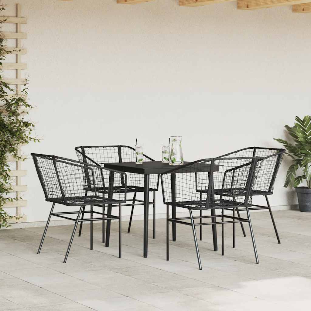 5 Piece Garden Dining Set Black Poly Rattan Glass