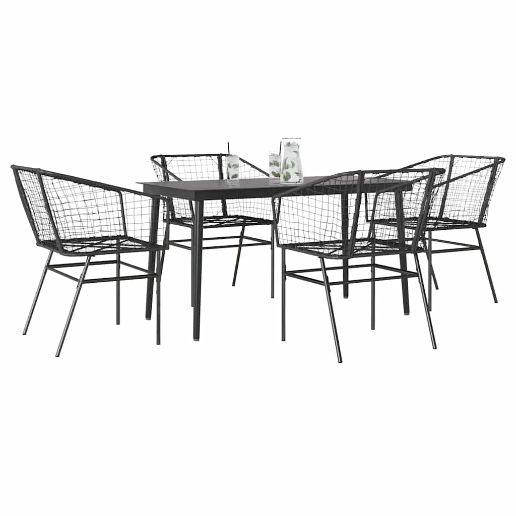 5 Piece Garden Dining Set Black Poly Rattan Glass