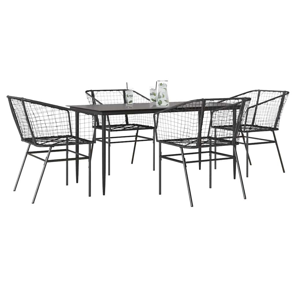 5 Piece Garden Dining Set Black Poly Rattan Glass