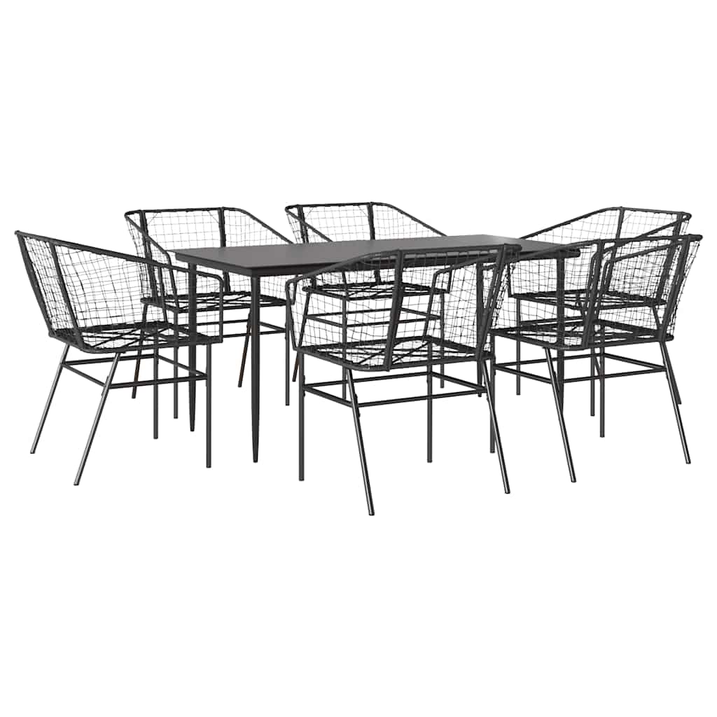 7 Piece Garden Dining Set Black Poly Rattan Glass