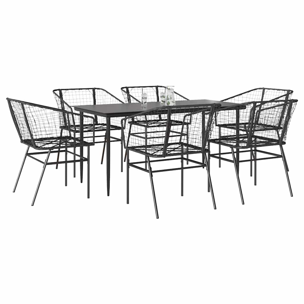 7 Piece Garden Dining Set Black Poly Rattan Glass