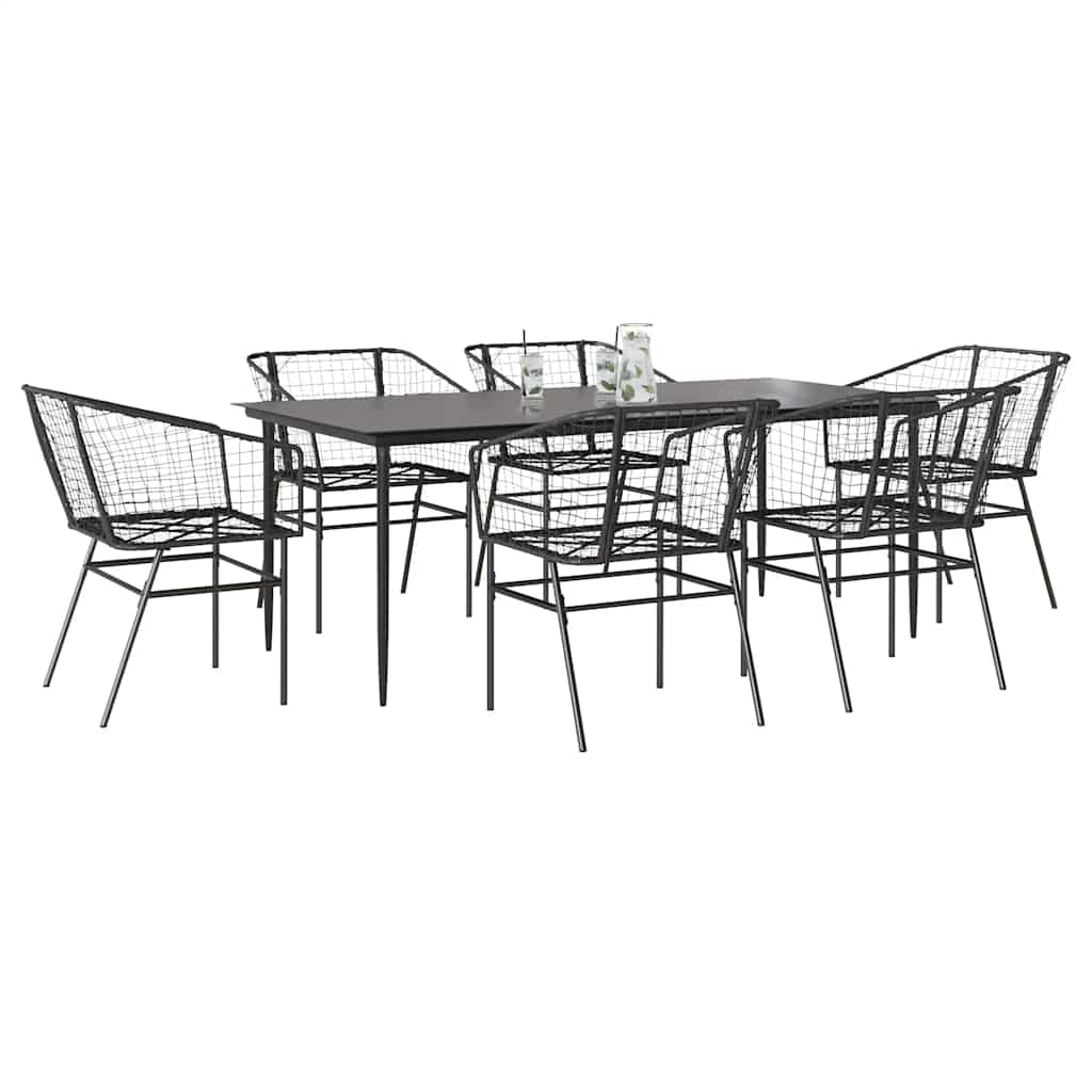 7 Piece Garden Dining Set Black Poly Rattan Glass