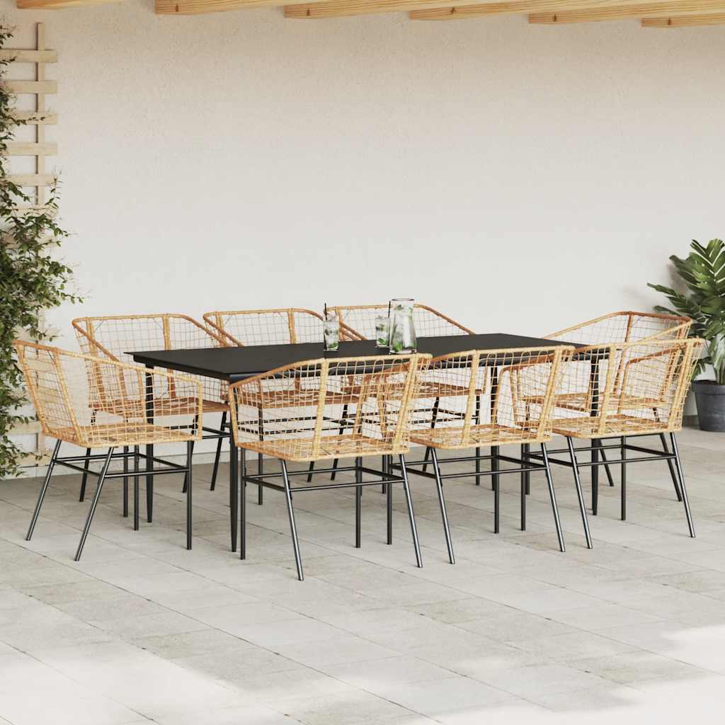 9 Piece Garden Dining Set Brown Poly Rattan Glass
