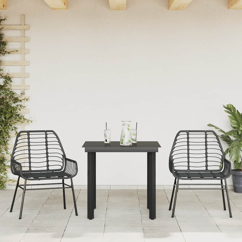 3 Piece Garden Dining Set Black Poly Rattan Glass