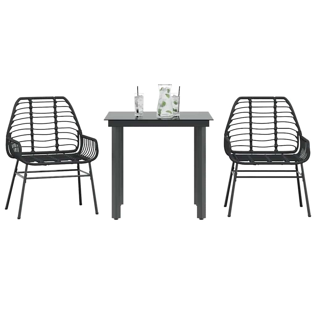 3 Piece Garden Dining Set Black Poly Rattan Glass