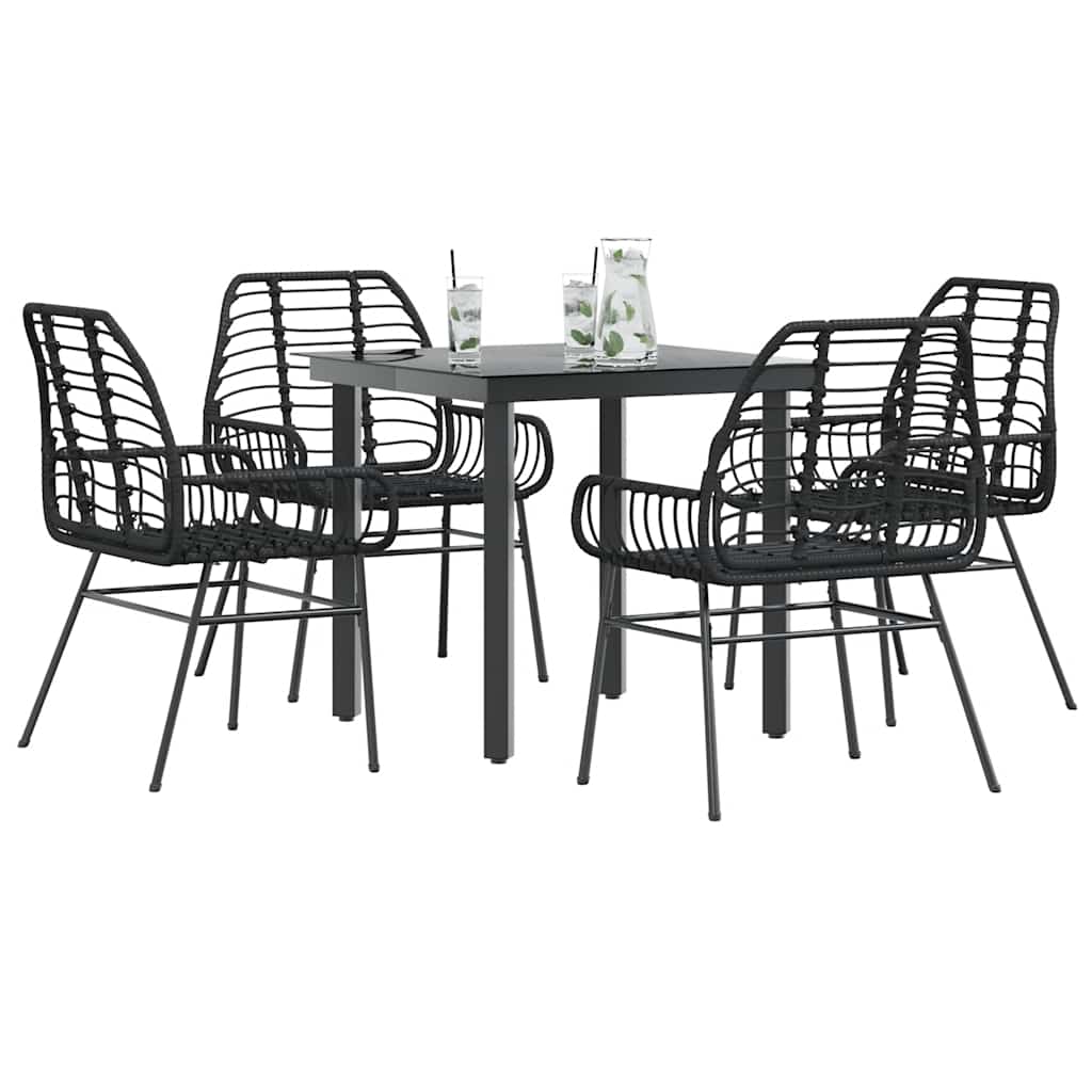 5 Piece Garden Dining Set Black Poly Rattan Glass