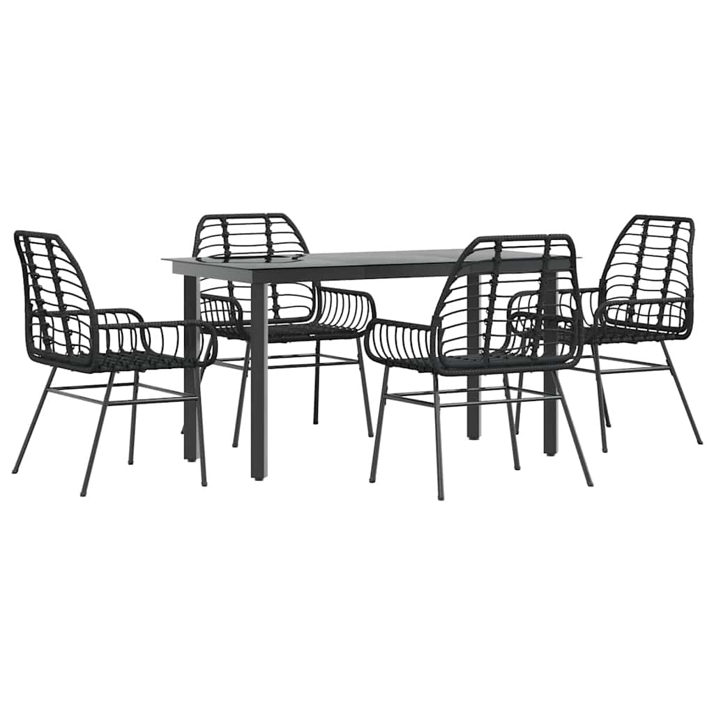 5 Piece Garden Dining Set Black Poly Rattan Glass