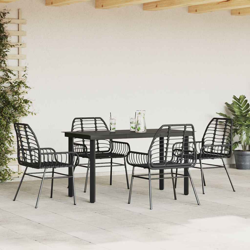 5 Piece Garden Dining Set Black Poly Rattan Glass
