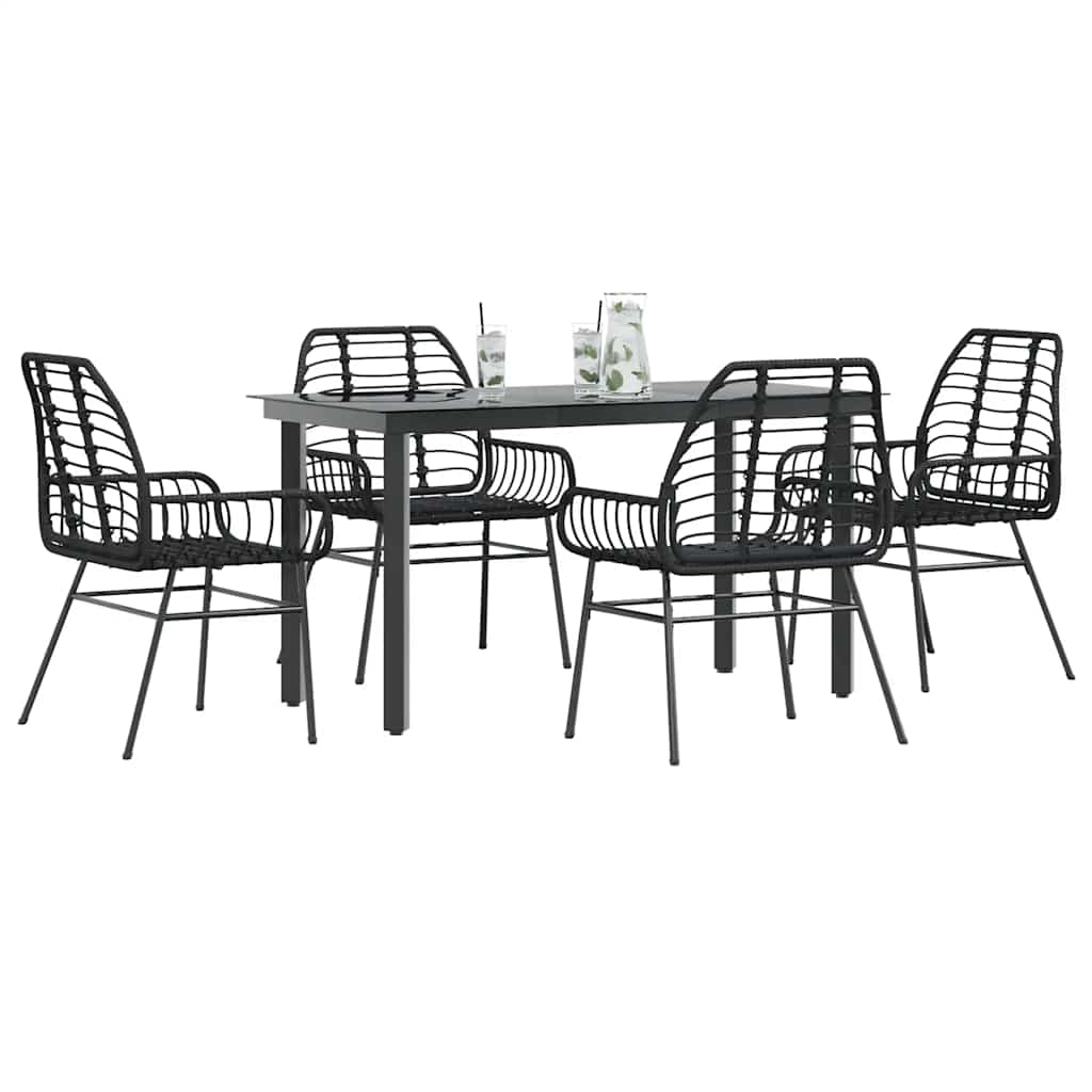 5 Piece Garden Dining Set Black Poly Rattan Glass