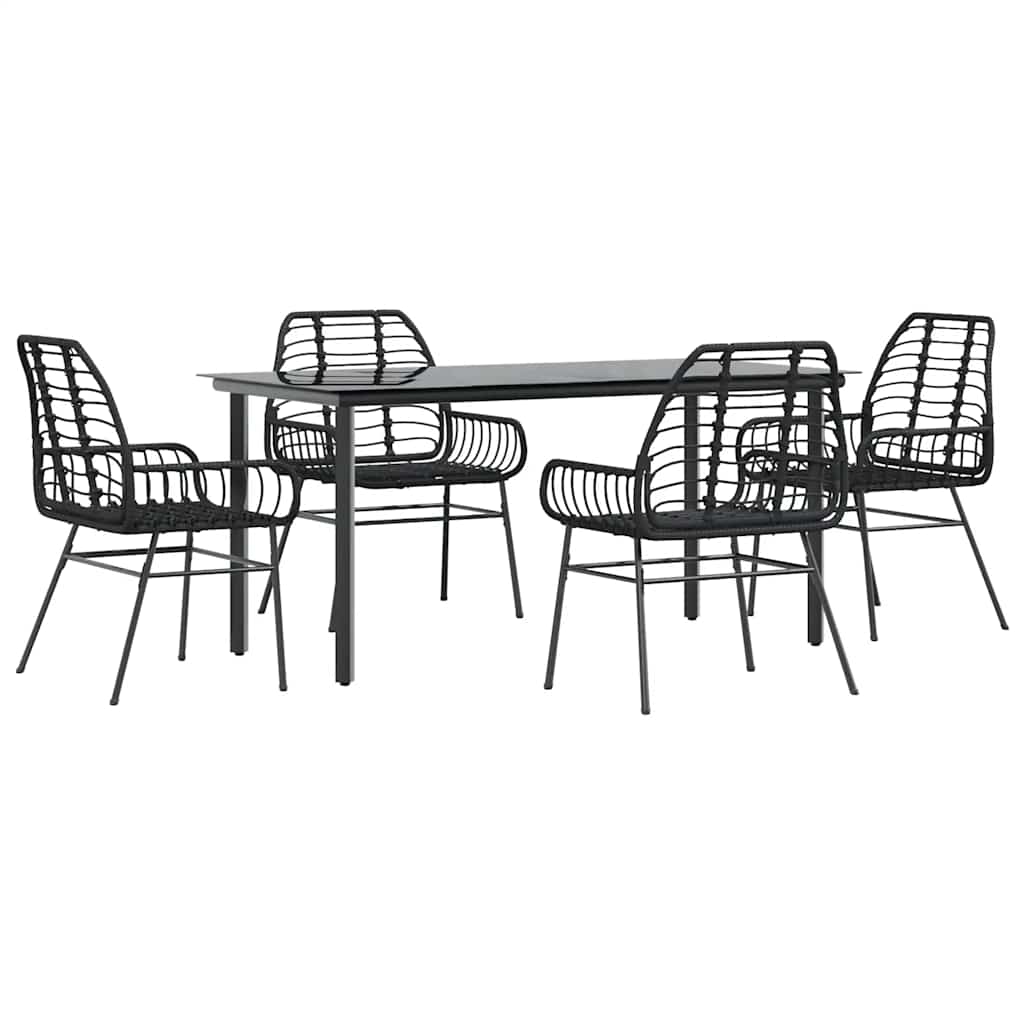 5 Piece Garden Dining Set Black Poly Rattan Glass