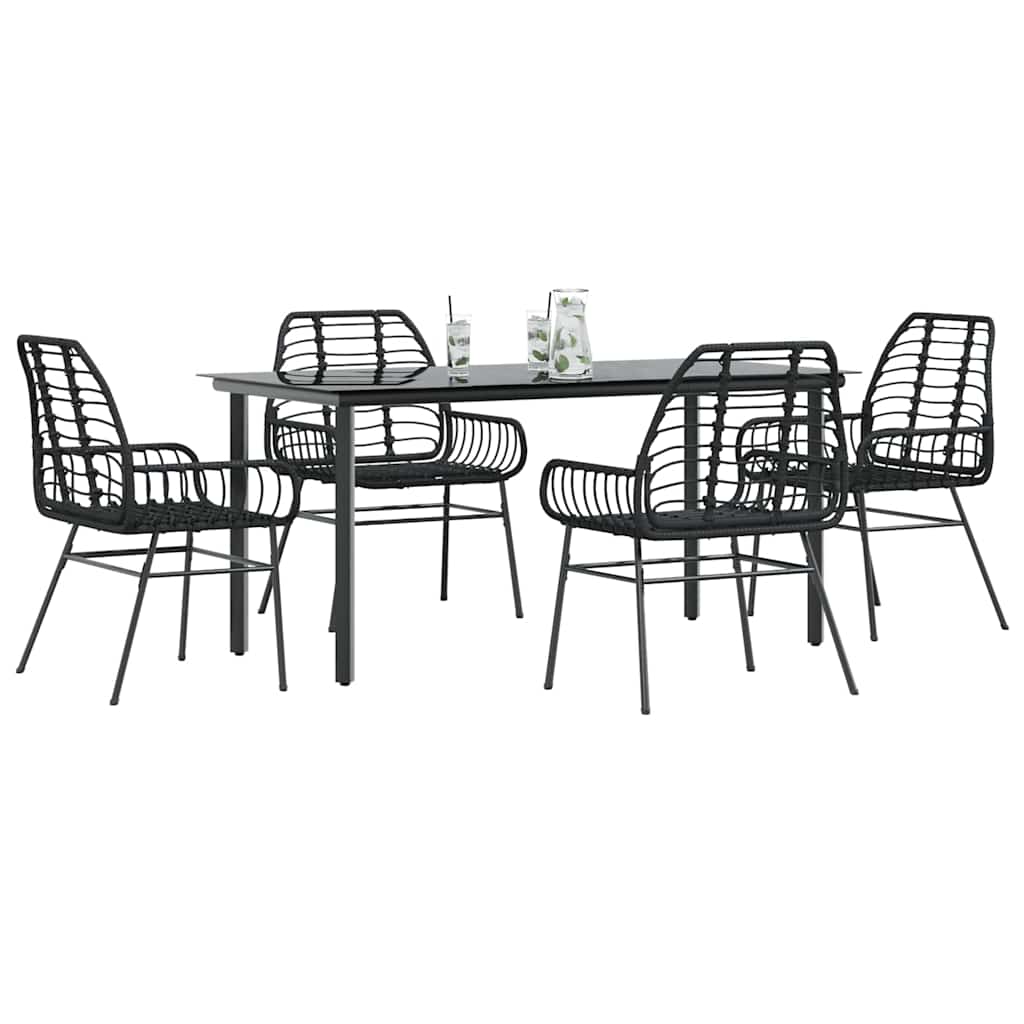 5 Piece Garden Dining Set Black Poly Rattan Glass