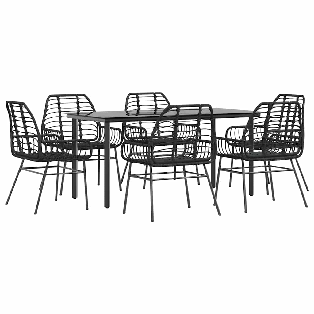 7 Piece Garden Dining Set Black Poly Rattan Glass