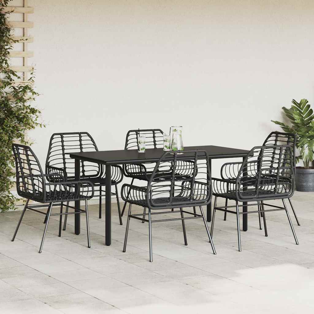 7 Piece Garden Dining Set Black Poly Rattan Glass