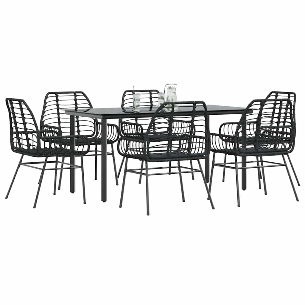 7 Piece Garden Dining Set Black Poly Rattan Glass