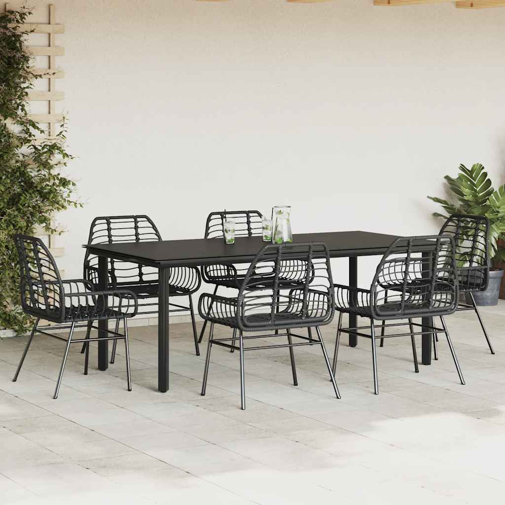 7 Piece Garden Dining Set Black Poly Rattan Glass
