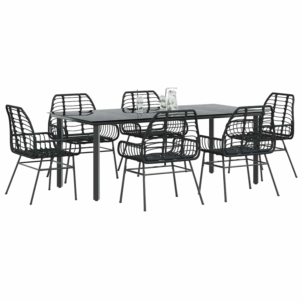 7 Piece Garden Dining Set Black Poly Rattan Glass