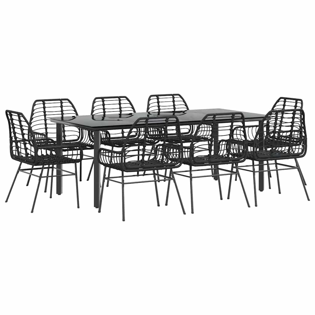 9 Piece Garden Dining Set Black Poly Rattan Glass