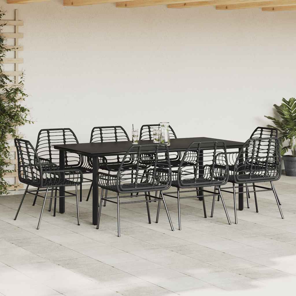 9 Piece Garden Dining Set Black Poly Rattan Glass