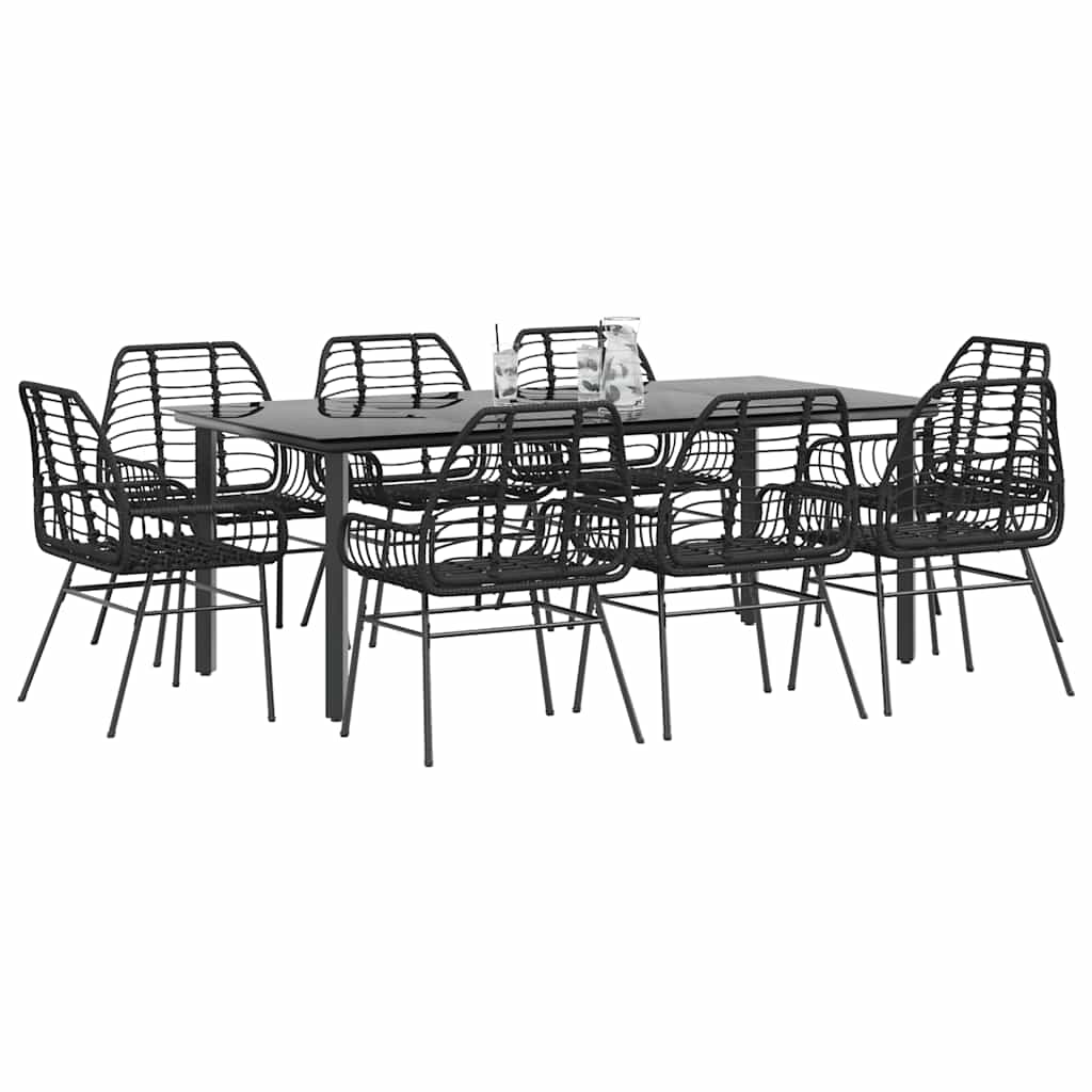 9 Piece Garden Dining Set Black Poly Rattan Glass