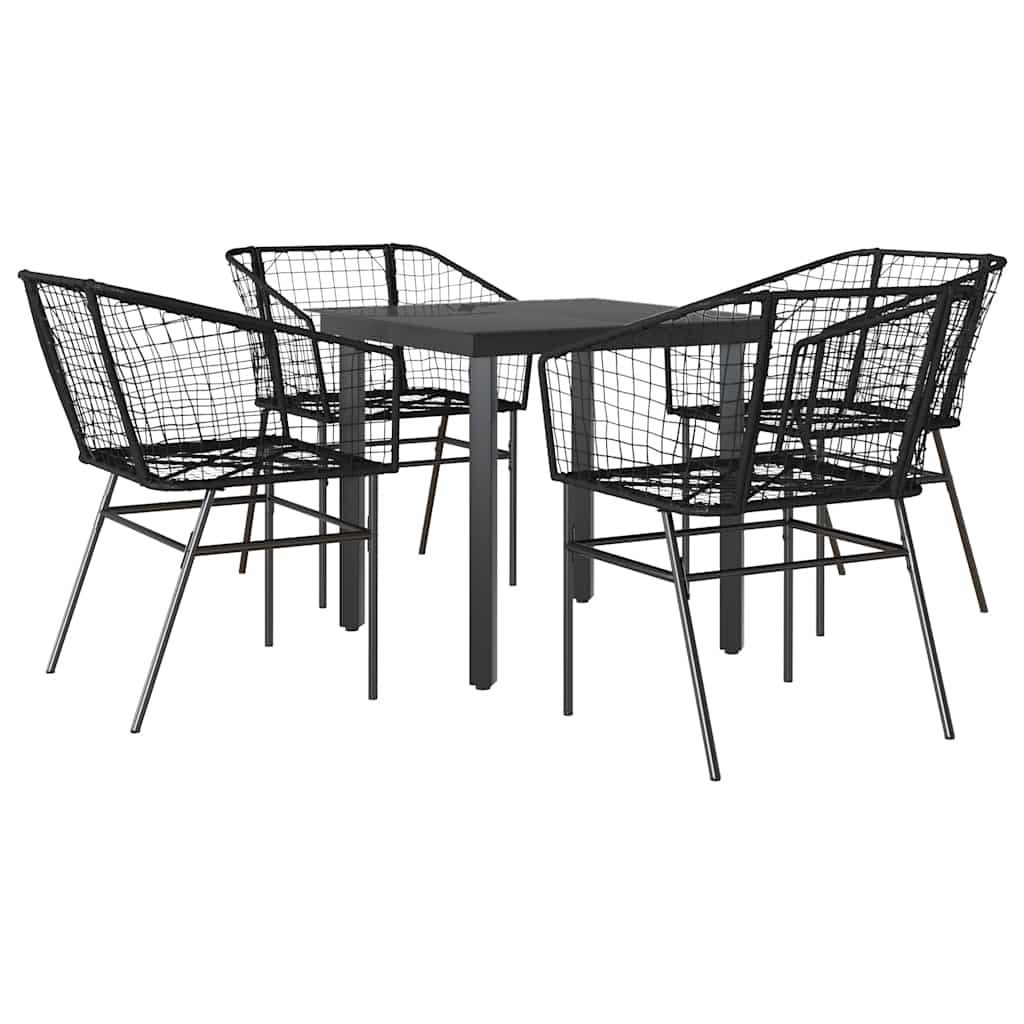 5 Piece Garden Dining Set Black Poly Rattan Glass