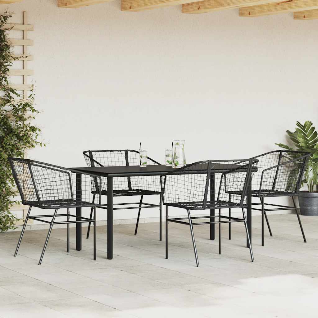 5 Piece Garden Dining Set Black Poly Rattan Glass