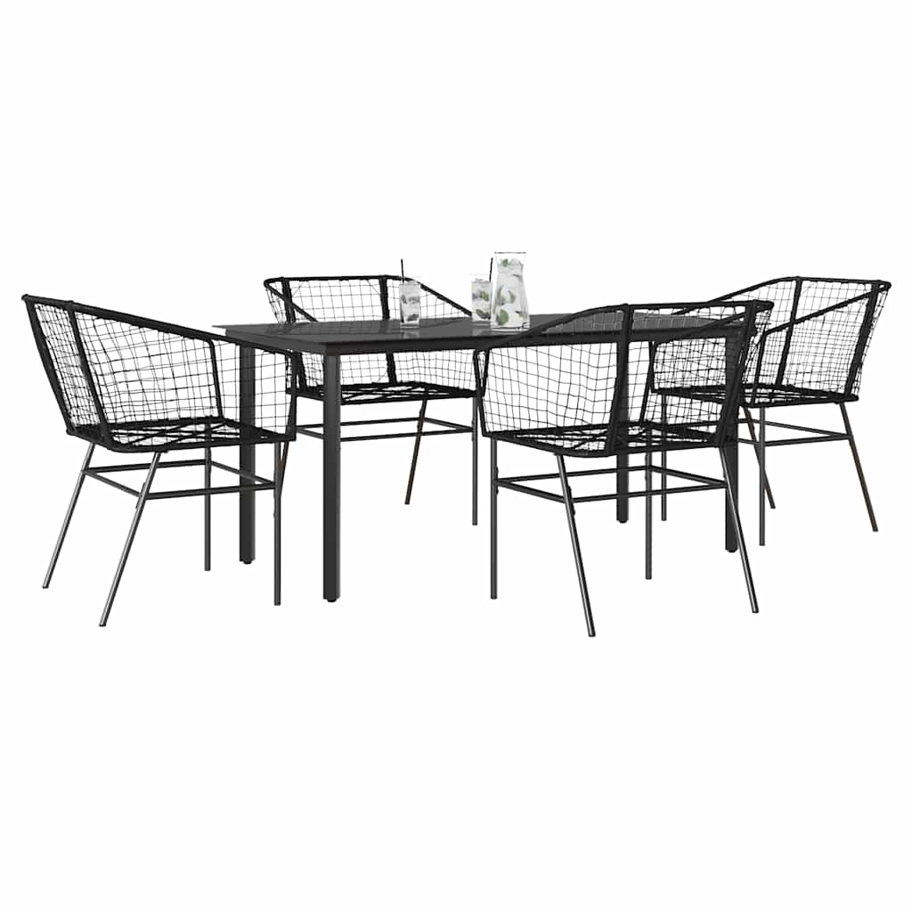 5 Piece Garden Dining Set Black Poly Rattan Glass