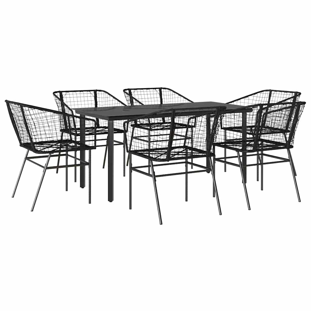 7 Piece Garden Dining Set Black Poly Rattan Glass